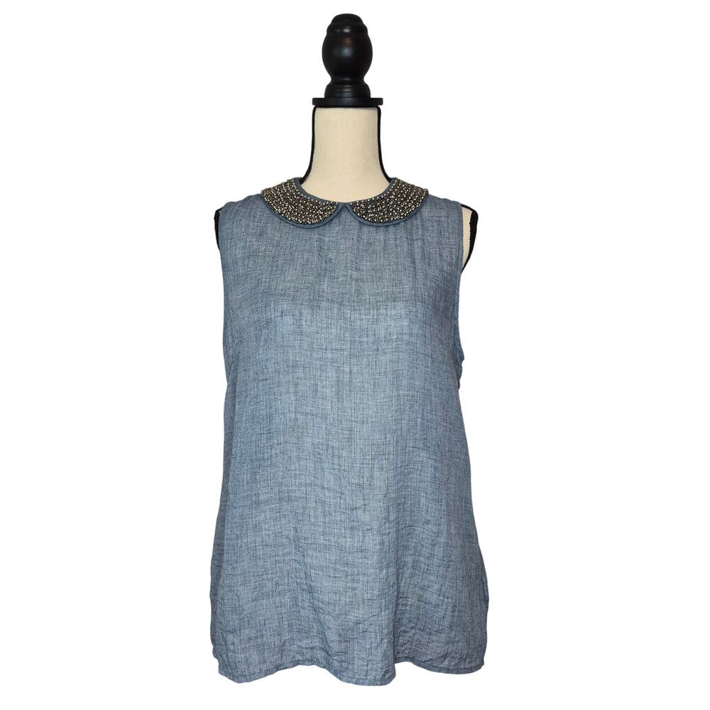 Anthropologie Maeve Chambray Blouse Sleeveless Beaded Peter Pan Collar Top Sz L